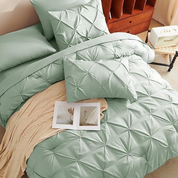 CozyLux Queen Comforter Set Sage Green, 7 Pieces Pintuck Bed in A Bag, Premium Green Comforter Queen Size, Pinch Pleat Bedding Sets with Comforter, Sheets, Pillowcases & Shams