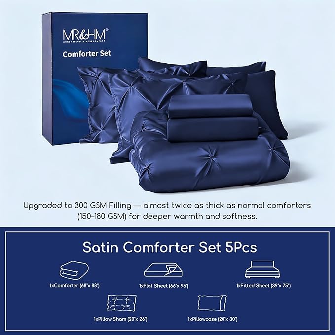 MR&HM Satin Comforter Twin 5 Pieces - Luxurious Pinch Pleat Bedding Set with Comforter, Flat Sheet, Fitted Sheet, Pillowcase & Sham, Super Silky Soft Bed Set for All Season (Twin, Navy Blue)