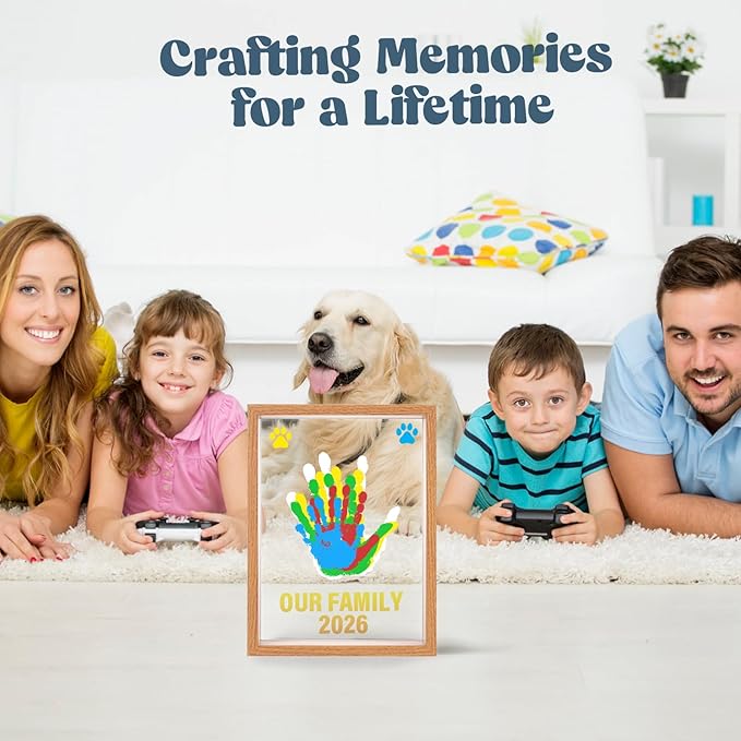 Bixinyo Family Handprint Kit - Baby Hand and Footprint Kit, Adoption Gifts, Family Gifts for New Parents, Christmas, New Mom, DIY Craft Keepsake Wooden Frame, 5 Non-Toxic Paints (Brown)