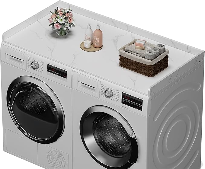 efluky Washer Dryer Countertop, Wood Countertop with Edge Rails for Laundry Room Organization and Storage, Washer Dryer Topper for Laundry Room, 27.5" x 54" White Marble