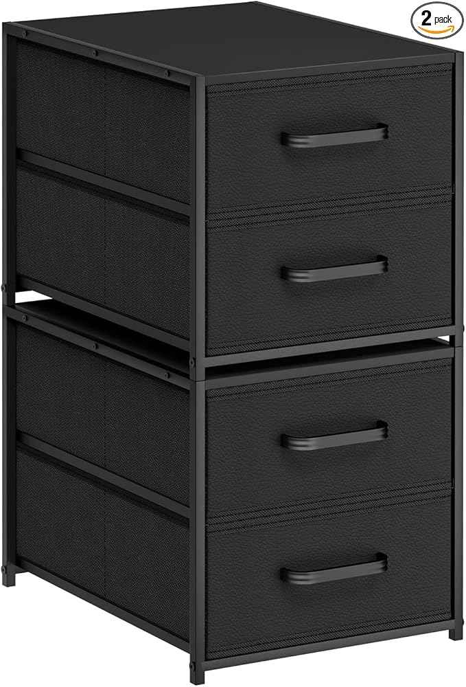Stackable Storage Drawers - 2 Tier Closet Drawers, Closet Organizer with Metal Handles, Night Stand with Collapsible Bins, Fabric Dresser for Bedroom, Dorm, Office, Black, 2 Pack