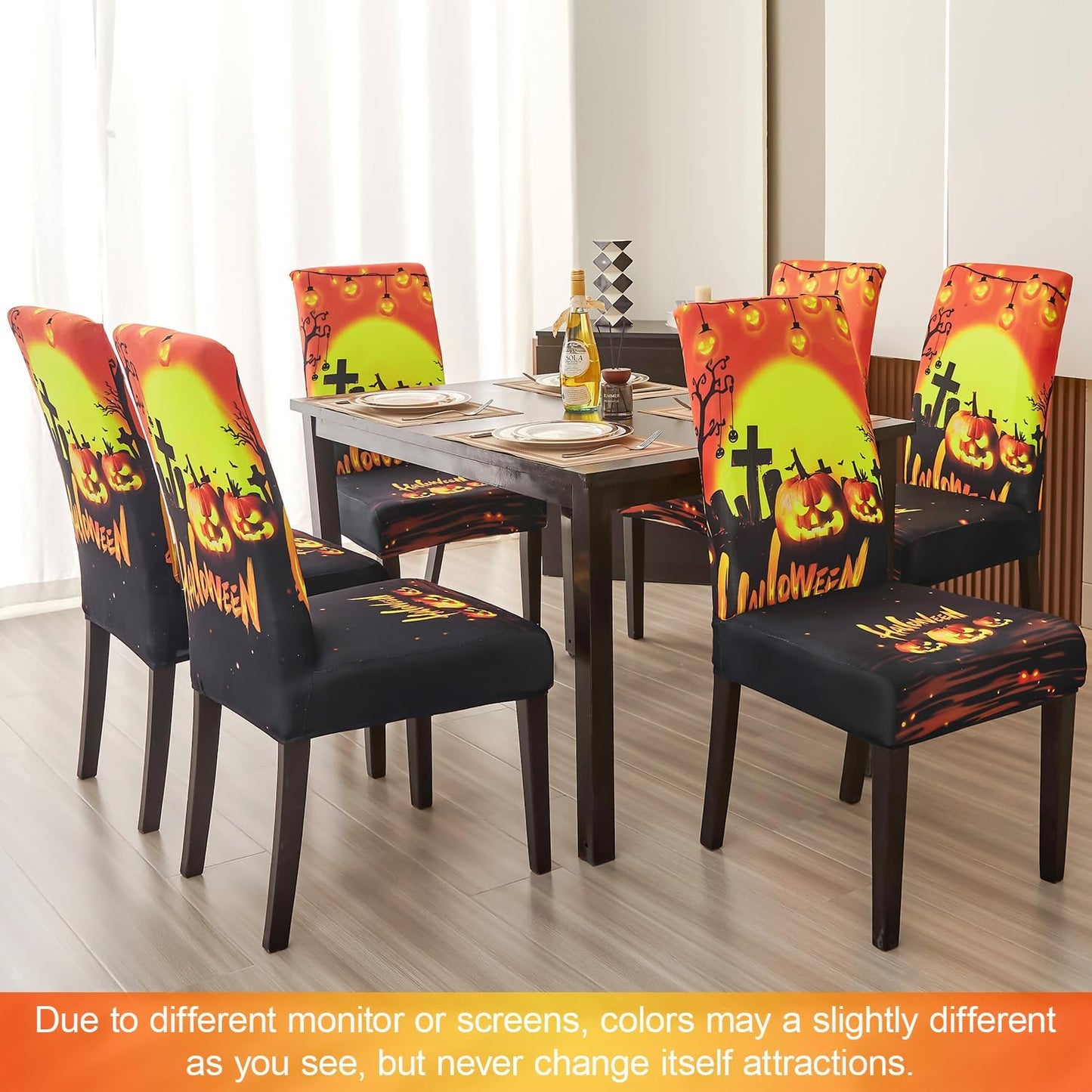 JQinHome Orange Halloween Chair Slipcover, Pumpkin Chair Covers Set of 6, High Stretch Washable Chair Protector Cover for Dining Room, Kitchen,Home Party,Wedding Ceremony(Orange,6PC)