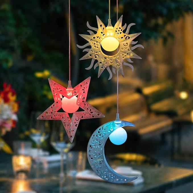 Tryme Solar Wind Chimes with Sun Moon Star Color Changing Windchimes, Outdoor Hanging Lights, Garden Decor Gifts for Mom, Grandma, Wife, Neighbors
