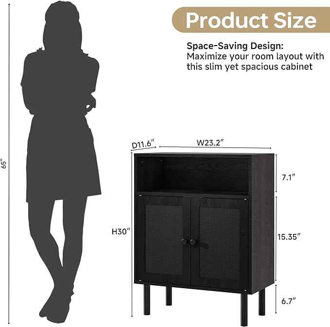 Rattan Storage Cabinet, Boho Accent Cabinet with Double Doors, Small Freestanding Sideboard for Hallway, Laundry Room,Kitchen, Dining Room, Entryway (Black)