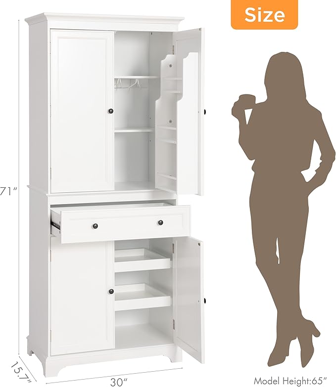 Spirich 71'' Tall Kitchen Pantry Cabinet, Wood Food Pantry Cabinet with Drawers and Wine Glass Rack, Freestanding Storage Cabinet for Kitchen, Living Room, Dining Room, White
