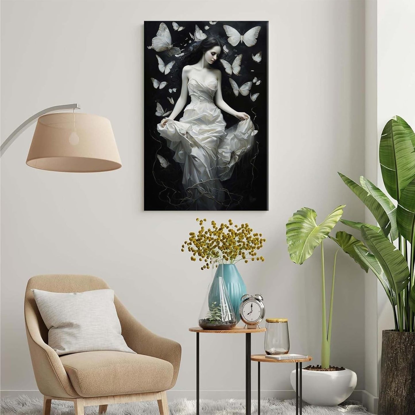Vintage Gothic Feminine Canvas Wall Art Print Butterfly Poster Moody Preppy Wall Art Dark College Decor for Home Bedroom24x36in Wood Framed