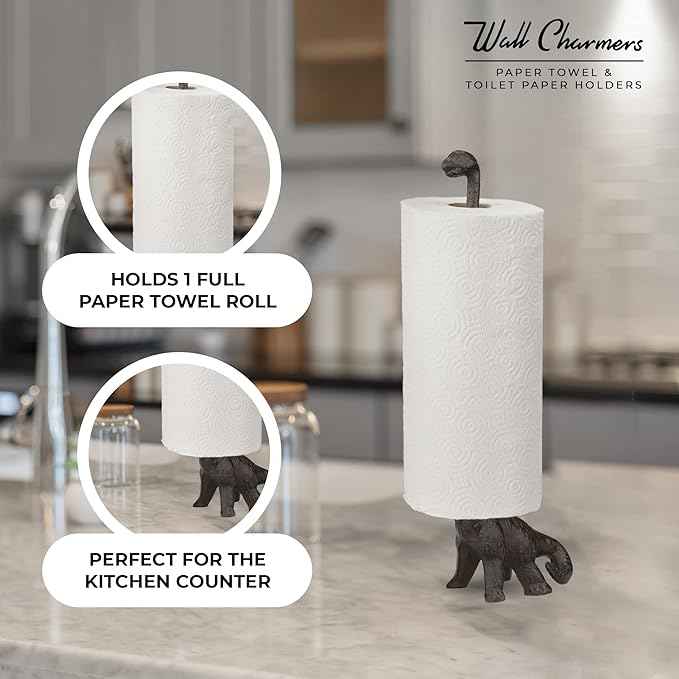 WallCharmers Rustic Paper Towel Holder, Metal Toilet or Kitchen Paper Holder for Floor or Countertop, Rustic Dino