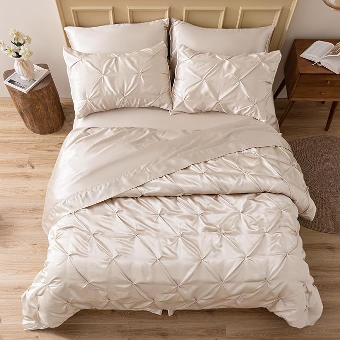 MR&HM Satin Comforter Twin 5 Pieces - Luxurious Pinch Pleat Bedding Set with Comforter, Flat Sheet, Fitted Sheet, Pillowcase & Sham, Super Silky Soft Bed Set for All Season (Twin, Beige)