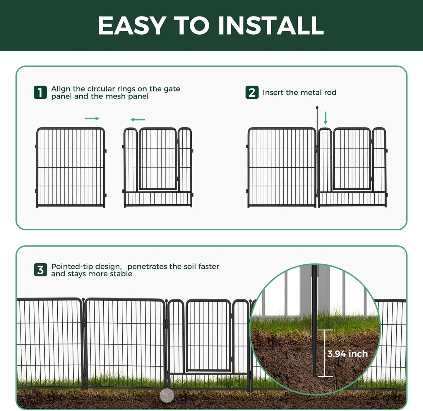 FXW Garden Fence Outdoor for The Yard – 50in(H) x 20.0ft(L) Heavy Duty Metal Animal Barrier for Dog and Rabbit, Decorative Dog Fence, 8 Panels, Black