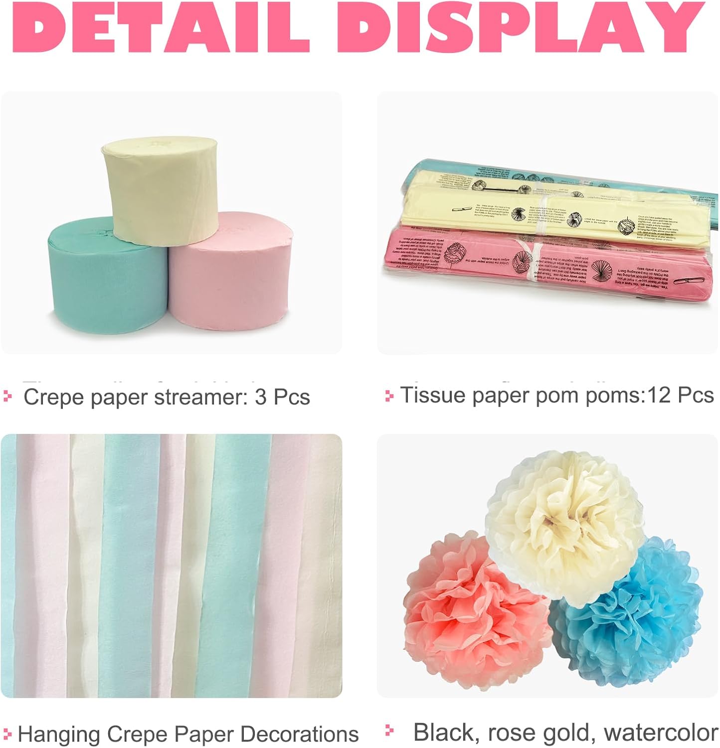 Dreamy Party Streamers Decorations Paper Pom Poms for Wedding Decor, Birthday Parties, Bachelor Parties, Baby Showers, Party Backgrounds, Ceiling Wall Hangings