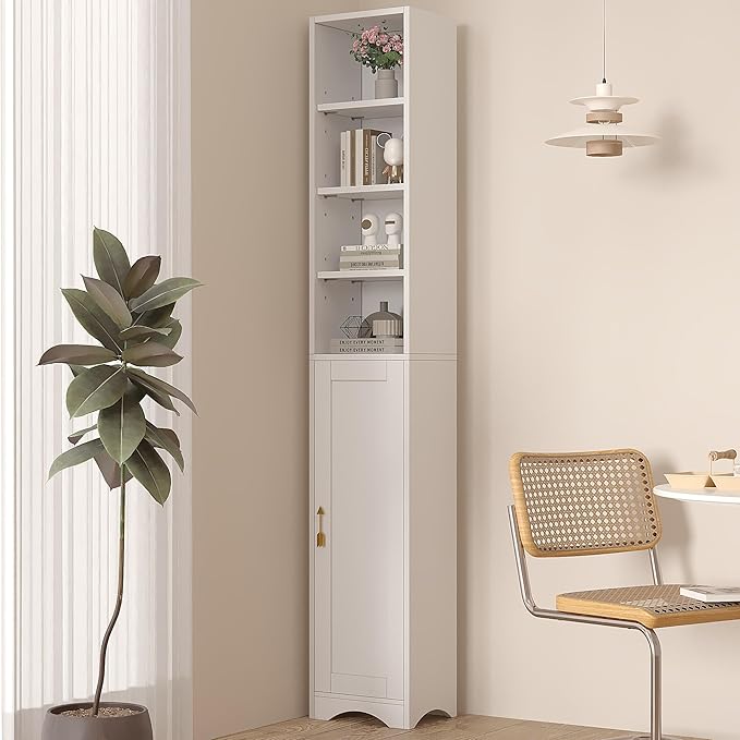 VECELO Narrow Tall Storage Cabinet, Modern Multi-Purpose Bookshelf with Adjustable Shelves & Closed Door, for Kitchen, Living Room, Bathroom, Bedroom, White