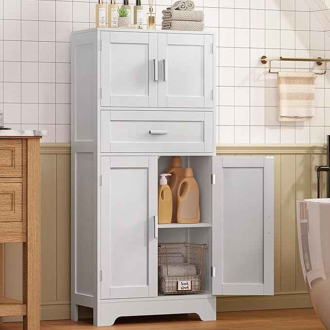 TEENFON Bathroom Storage Cabinet with Adjustable Shelf & Large Drawer, Tall Storage Cabinet with 4 Doors, Kitchen Pantry Storage Cabinets, for Living Room, Dining Room, Home Office, Entryway, White