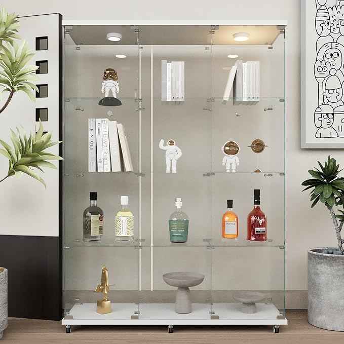 Beauty4U Glass Display Cabinet with LED Lights, Extra Large 3 Columns 2 Doors Curio Cabinets with 12 Shelves for Living Room, Bedroom, Office, White Floor Standing DIY Glass Bookshelf