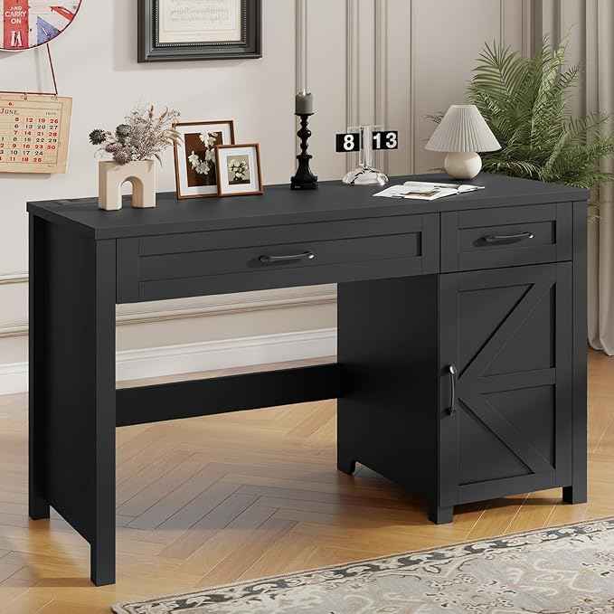 Vabches Farmhouse 47" Executive Desk, Computer Desk with Drawers and Storage Cabinet, Workstation Computer Desk for Home Office, Study.(Pure Black)