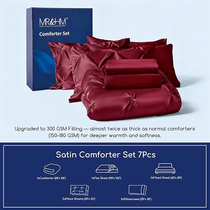 MR&HM Satin Comforter Queen 7 Pieces - Luxurious Pinch Pleat Bedding Set with Comforter, Flat Sheet, Fitted Sheet, Pillowcases & Shams, Super Silky Soft Bed Set for All Season (Queen, Burgundy)