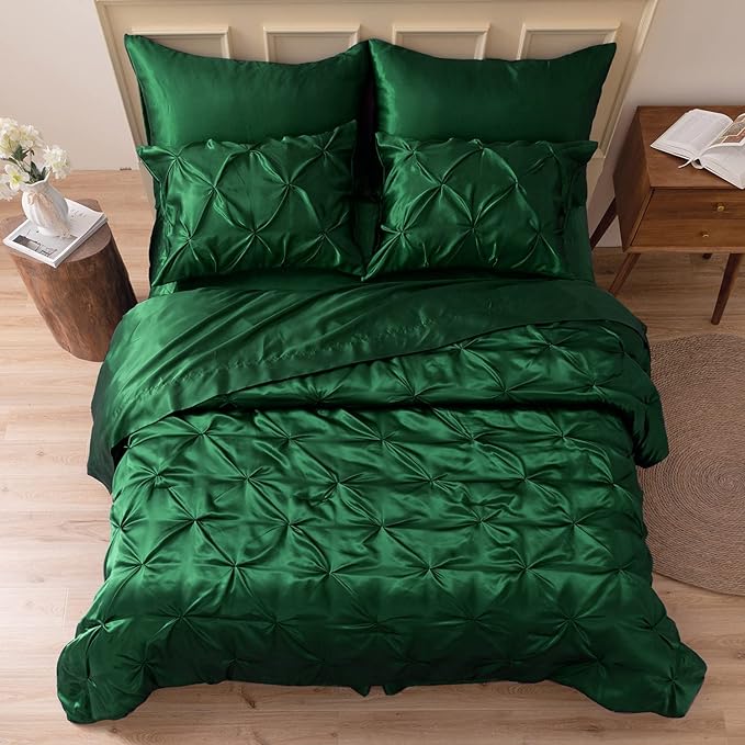 MR&HM Satin Comforter California King 7 Pieces Dark Green - Luxurious Pinch Pleat Bedding Set with Comforter, Flat Sheet, Fitted Sheet, Pillowcases & Shams, Super Silky Soft Bed Set for All Season