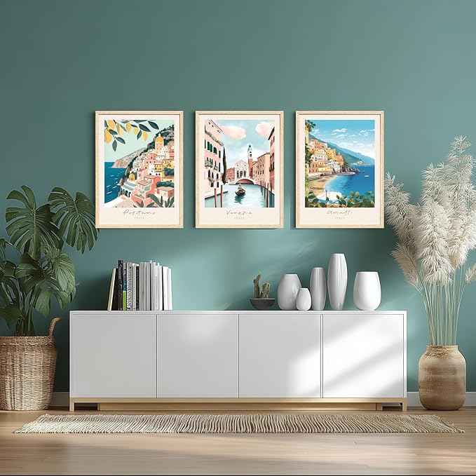 Cyebmo Italy Travel Wall Art, Amalfi Coast Landscape Wall Decor, Blue Venice Coast Canvas Artwork, Italian Modern City Aesthetic Picture for Living Room Bedroom Bathroom Wood Framed 16"x24"x3