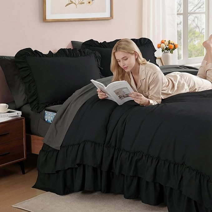 Queen Comforter Set Black, Ruffle Shabby Chic Bedding Set Farmhouse 7 Pieces, All Season Fluffy Bed in a Bag with Sheets, Pillowcases & Shams