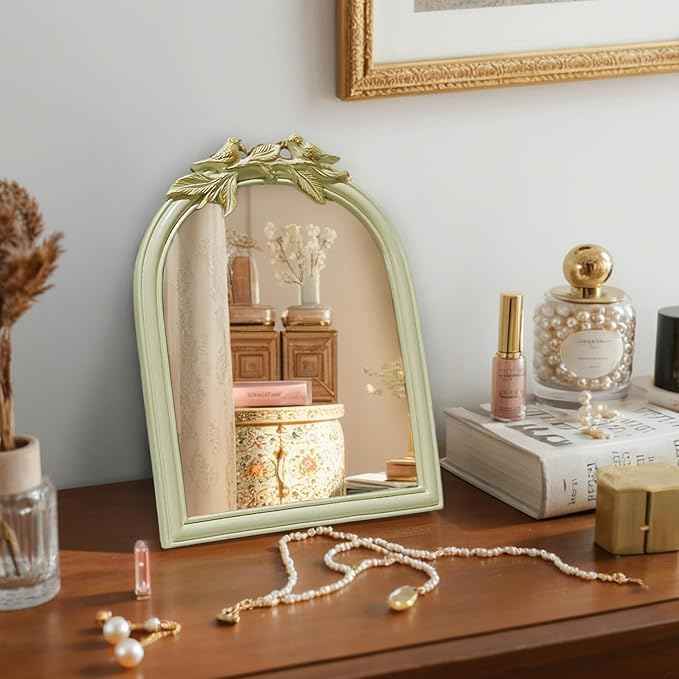 Cream Bird Bow Mirror - 13x10 Inch Perfect Elegant Decorative Accent, Wall-Mounted Tabletop Makeup Mirror for Nursery Baby Room Bedroom Decor