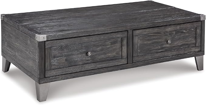 Signature Design by Ashley Todoe Industrial Spring-Lift Top Coffee Table, 2 Storage Drawers, Metal Legs, Wood, 54.38" W x 28.5" D x 18.25" H, Dark Gray & Weathered Pine Finish