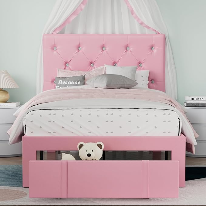 VECELO Twin Size Bed Frame with Storage Drawers, Leather Upholstered with Diamond Tufted Headboard, Solid Wood Slat Support, No Box Spring Needed, PU & Pink