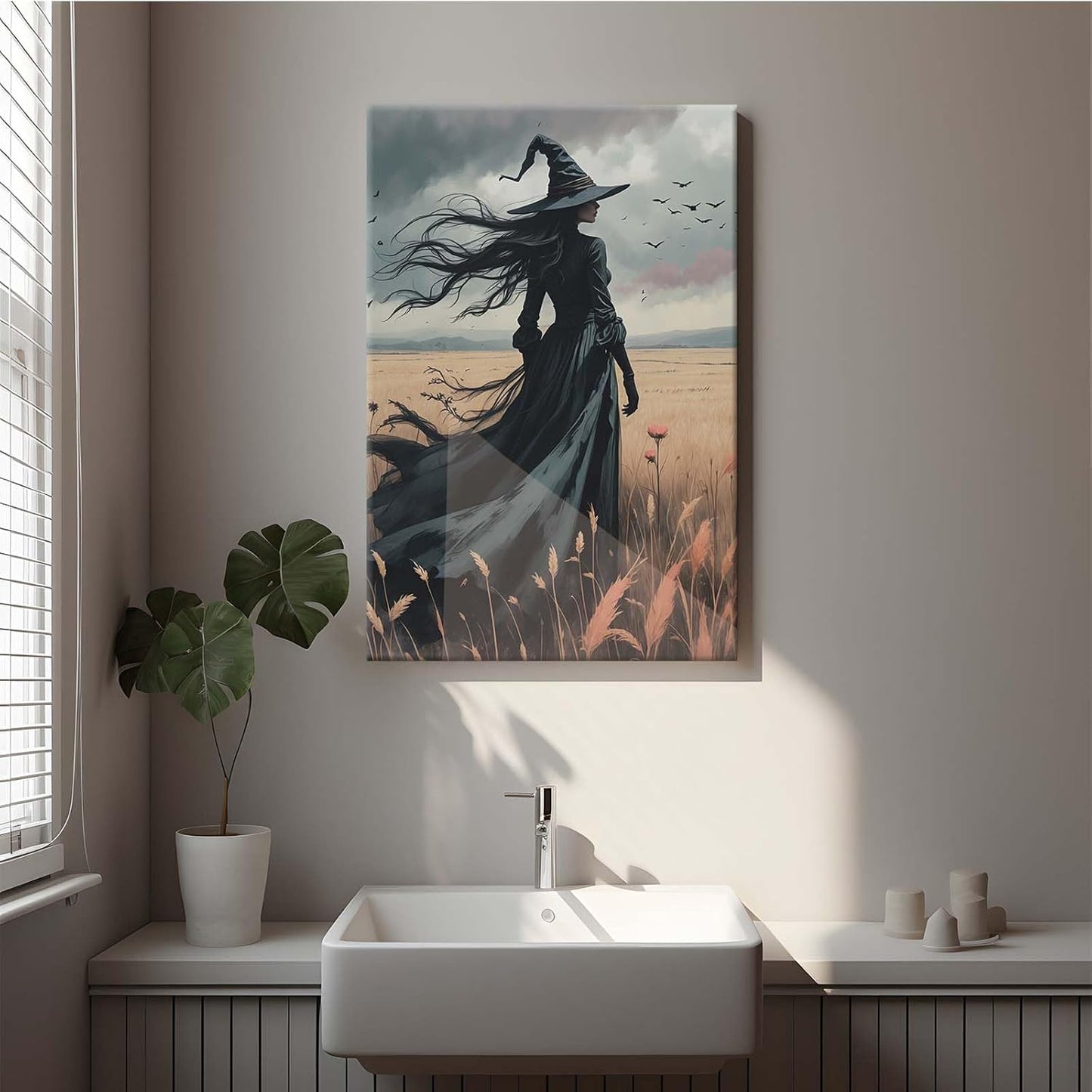 JFHCQJPK Gothic Decor Canvas Wall Art Witch in Rice Field Halloween Art Decor Print Nature Print Victorian Home Bedroom24x36in Frameless