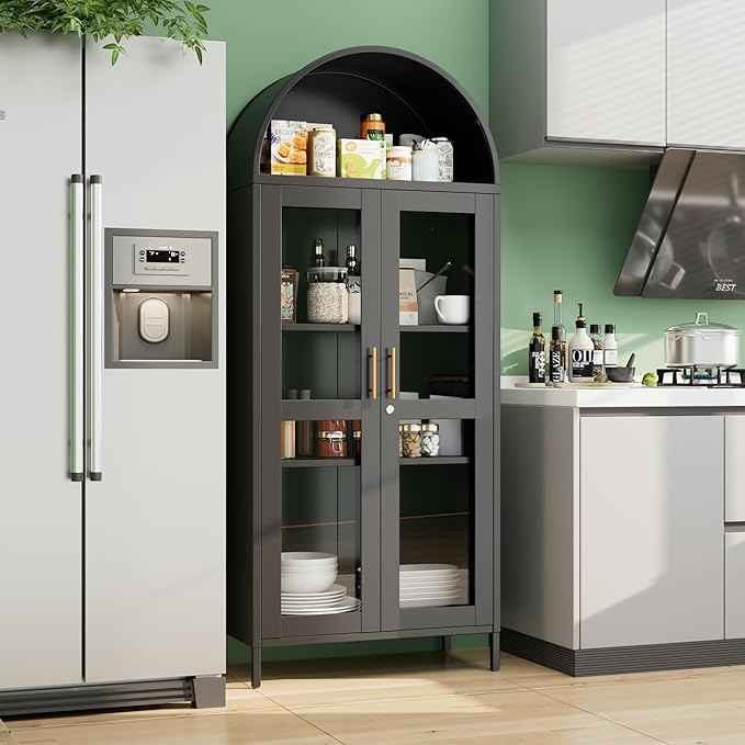 Metal Arched Cabinet with Lock,Arched Display Cabinet with Glass Doors and Shelves,Kitchen Pantry Cabinet for Dining Room, Home,Assembly Required (Black)
