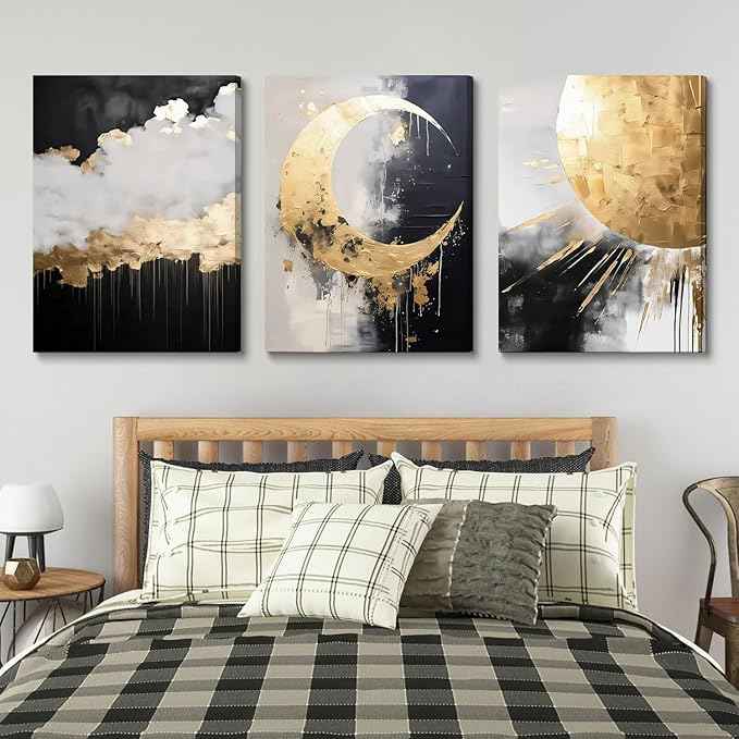 3Pcs Framed Black and Gold Abstract Canvas Wall Art Sun Moon And Cloud Posters Prints Maximalist Pictures Wall Decor For Living Room, Bedroom,bathroom Decoration