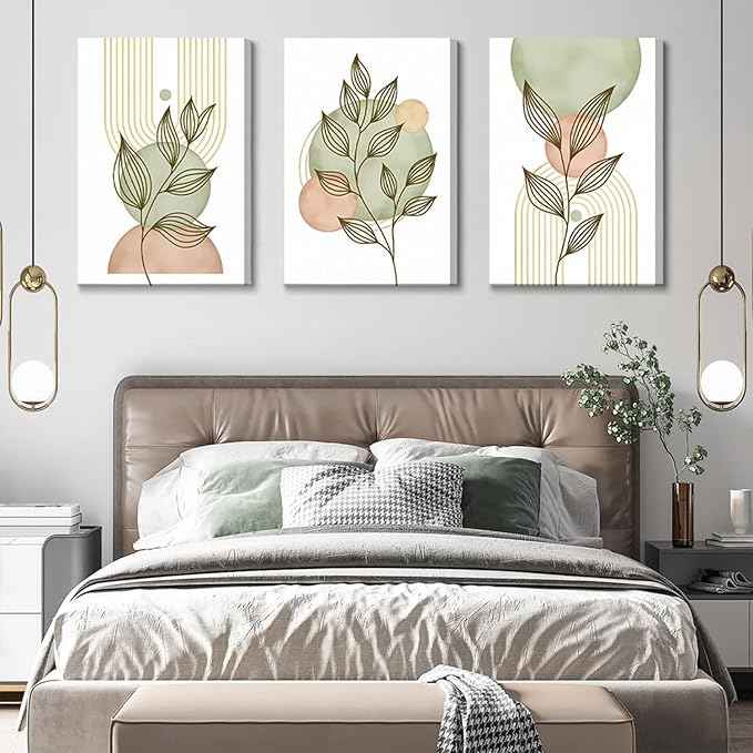 3Pcs Framed Sage Green Boho Canvas Wall Art Modern PinkBotanical Posters Print Abstract With Leafr Pictures Wall Decoration For Living Room Bedroom Bathroom
