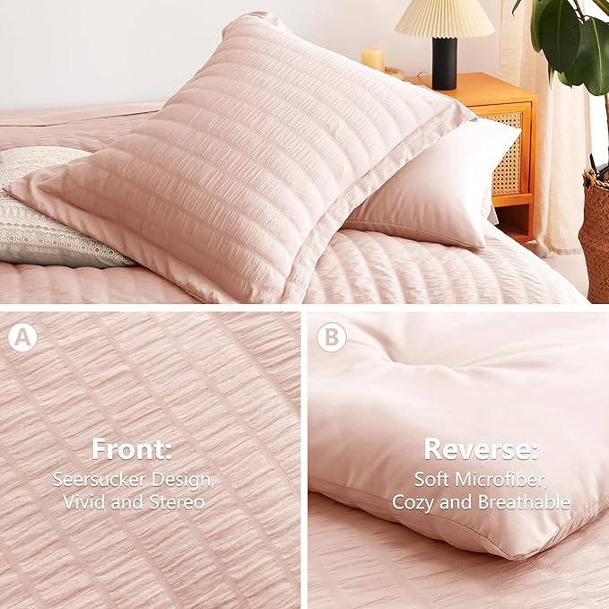 CozyLux Twin XL Comforter Set with Sheets Seersucker Blush Pink 5 Pieces Bed in a Bag, Twin Extra Long Luxury Bedding Sets for College Dorm with Down Alternative Comforter, Sheets, Pillowcases & Shams