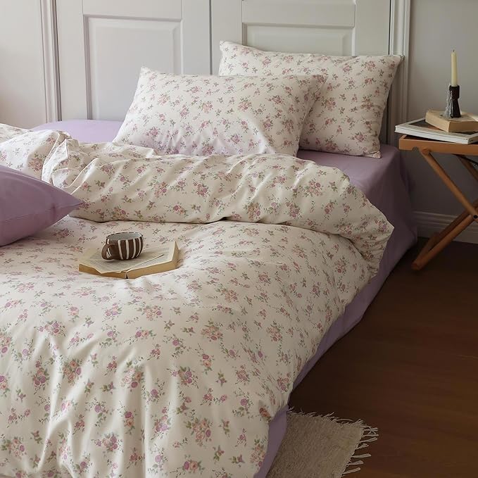 Vintage Garden Floral Comforter Set Full Size Cute Pink Floral Bedding Comforter Soft Fluffy Reversible Botanical Flowers Comforter with 2 Pillowcases Boho Cottagecore Bedding Full Comforter Set