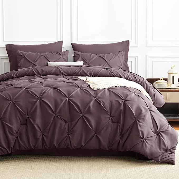 CozyLux Queen Comforter Set Cocoa Powder, 7 Pieces Pintuck Bed in A Bag, Premium Cocoa Powder Comforter Queen Size, Pinch Pleat Bedding Sets with Comforter, Sheets, Pillowcases & Shams