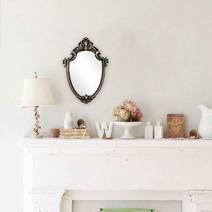 Eaoundm 16.5 x 11.5inch Vintage Mirror Antique Mirror Shield Shape Plastic Frame (Vintage Gold)