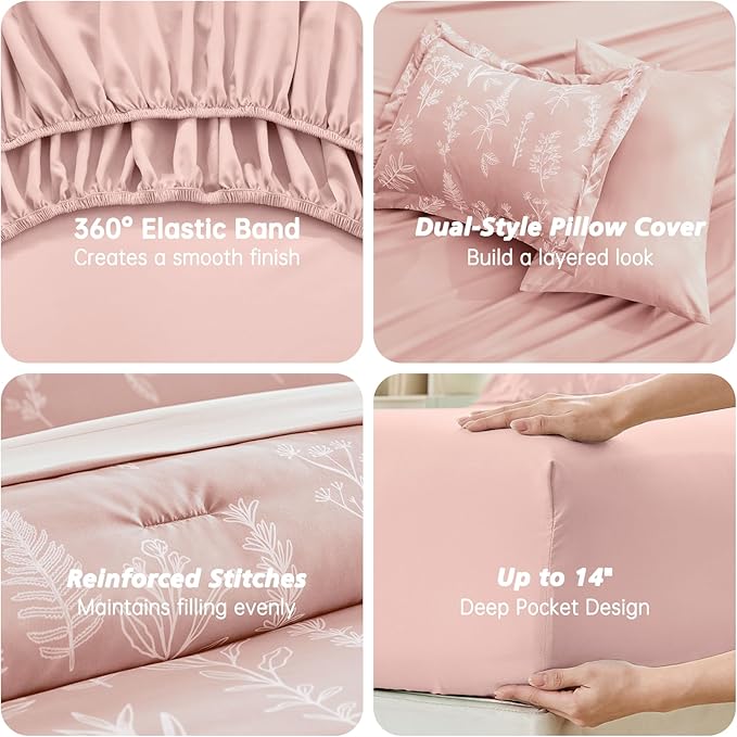 MUXHOMO Cameo Pink Bed in a Bag Queen 7 Pieces, Queen Comforter Set Reversible Botanical Flowers Design, Ultra Soft & Breathable Bedding Sets with Comforter, Sheets, Pillowcases & Shams