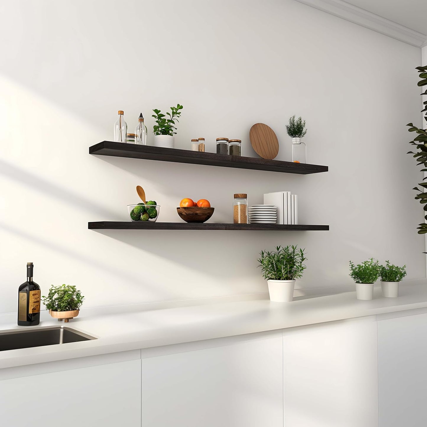 Wood Floating Shelves for Wall Decor, Rustic Wall Shelves for Bedroom Bathroom Kitchen Living Room, Set of 4 Walnut 48 Inch - Décor Diaries