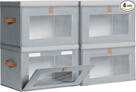 Large Closet Storage Bins - Collapsible Storage Bins with Handles & Window, Fabric Cube Organizer with Lids, Decorative Boxes for Living Room, Closet, Dorm, 4 Pack, Grey