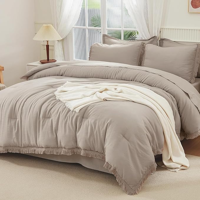 Andency Oversized King Comforter Set with Sheets 120x120 Wheat - 7 Pieces Boho Tassel Bed in a Bag Soft Lightweight Bedding Sets, Fringe Bed Set with Comforter, Sheets, Pillowcases & Shams