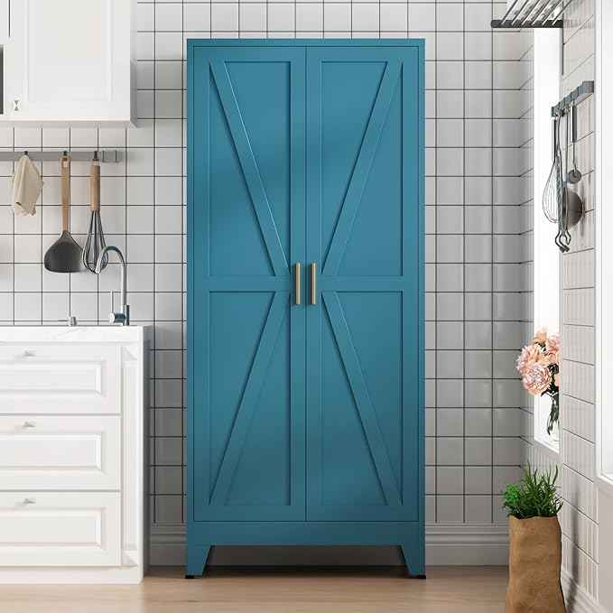COFaR Home Farmhouse Storage Cabinet with Barn Door, Tall Kitchen Pantry Cupboard with Adjustable Shelves, for Dining Room, Bathroom, Living Room Blue.