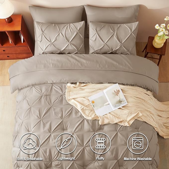 CozyLux Queen Comforter Set Khaki, 7 Pieces Pintuck Bed in A Bag, Premium Khaki Comforter Queen Size, Pinch Pleat Bedding Sets with Comforter, Sheets, Pillowcases & Shams