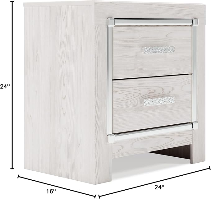 Signature Design by Ashley Altyra Contemporary Nightstand with 2 Storage Drawers, USB and Wireless Charging, Chrome-Tone Handles, Wood, 24.41" High, White