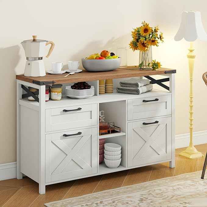 Vabches Farmhouse Filing Cabinet with Adjustable Shelf for Home Office, Lateral File Cabinets 4 Drawers with Open Storage Shelf, Filing Organization Storage Cabinets for Hanging Files Letter/A4