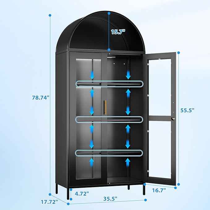 78.74" H Metal Arched Cabinet with Lock and LED Light Strip, Metal Display Cabinet with Glass Doors and Adjustable Shelves,Suitable for Dining Room, Home, Assembly Required,Black