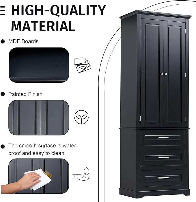 70" Tall Storage Cabinet Kitchen Pantry Cupboard with Two Doors and Three Drawers, Freestanding Shelf Organizers Unit for Home, Bathroom and Living Room, White