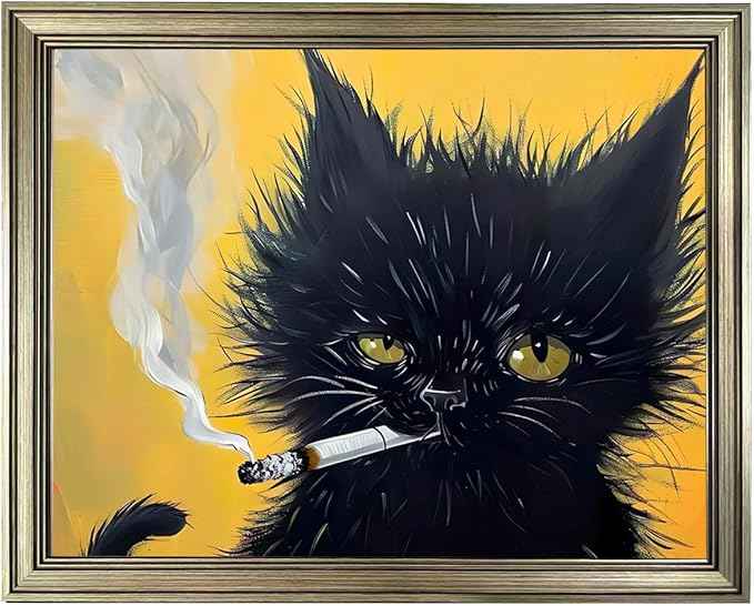 Vintage Framed Black Cat Painting Cat Portrait Wall Art Canvas Print Poster for Mens Room Living Room Bedroom Bathroom Home Decor