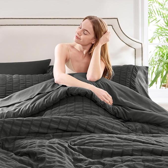 CozyLux Oversized Queen Comforter Set Dark Grey Seersucker 7 Pieces 98x98 Bed in a Bag Comforter Set with Sheets, Luxury Soft Bedding Sets with Down Alternative Comforter, Sheets, Pillowcases & Shams