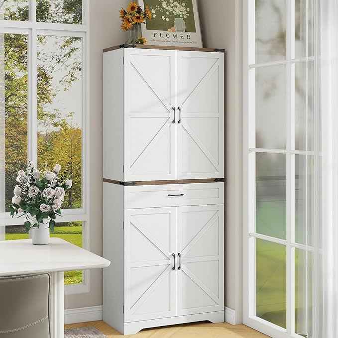 Vabches 72" Kitchen Pantry Storage Cabinet with Large Capacity Drawer, Adjustable Shelves, Freestanding Cupboard for Kitchen, Dining Room, Living Room, White