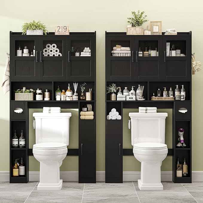 Over The Toilet Cabinet,Farmhouse Toilet Cabinet Rack with 3 Acrylic Doors and Adjustable Storage Shelf,Space Saving Bathroom Organizer with Toilet Paper Holder Stand for Restroom, Laundry，Black