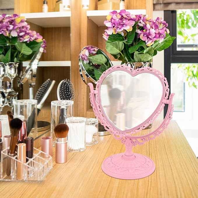 AKOAK Heart-Shaped Cosmetic Mirror - Plastic, Double-Sided, Rotatable, Lightweight - Bathroom & Bedroom Mirror (Pink)