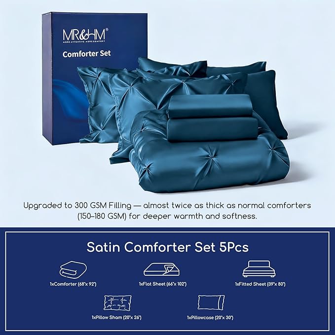 MR&HM Satin Comforter Twin XL 5 Pieces - Luxurious Pinch Pleat Bedding Set with Comforter, Flat Sheet, Fitted Sheet, Pillowcase & Sham, Super Silky Soft Bed Set for All Season (Twin XL, Teal)
