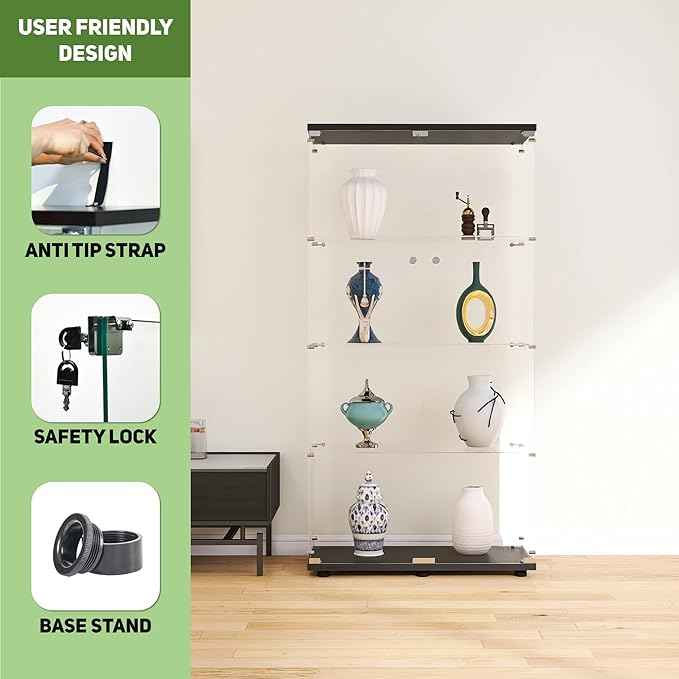Beauty4U Glass Display Cabinet with 4 Shelves, 2 Doors Curio Cabinets for Living Room, Bedroom, Office, Black Floor Standing Glass Bookshelf, Quick Installation